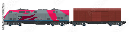 Fotografie, Obraz Locomotive with Closed Wagon , Train Isolated on White Background, Railway and C