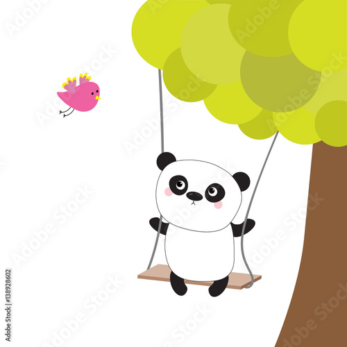 Panda Ride On The Swing Green Tree Flying Pink Bird Cute