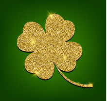 Golden Clover For St. Patrick's Day. Four Leaf Clover Made Of Gold Sand, Isolated On Green Background. Vector Illustration