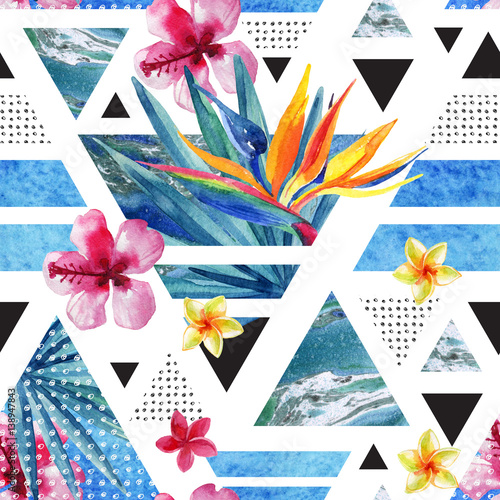 Naklejka na szafę Abstract summer geometric seamless pattern with exotic flowers