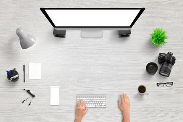 Poster - Office desk with modern devices for hero, header web site image. Free space for text. Computer and mobile phone display with isolated screen for mockup.