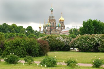 Field of Mars war memorial park with the Church of the Savior on Spilled Blood in St. Petersburg, built between 1883 and 1907