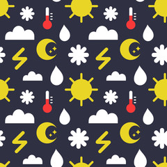 Wall Mural - Vector seamless pattern of weather icons in trendy flat style. Endless meteorology background.