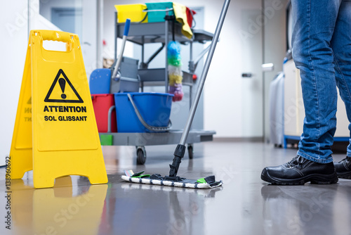 Fotografía Worker janitor Mopping Floor In Office with trolley