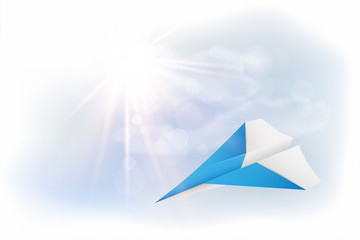 Wall Mural - flying blue paper plane, sky, clouds and sun