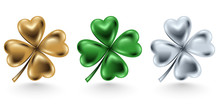 Golden, Green And Silver Clover Leaf Isolated On White Background, Vector Illustration For St. Patrick Day. Four-leaf Jewelry 3d Design