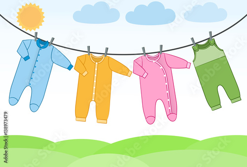Vector baby clothes on clothesline. - Buy this stock vector and explore