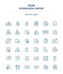  Vector graphic set.Icons in flat, contour,thin, minimal and linear design.Online psychological support. Simple isolated icons.Concept for Web site app.Sign,symbol,element.