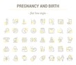 Vector graphic set.Icons in flat, contour,thin and linear design.Pregnancy. Gestation. Incubation of the child.Simple isolated icons.Concept illustration for Web site app.Sign,symbol,element.