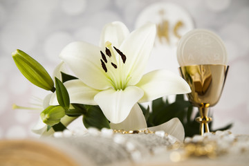 Wall Mural - Symbol christianity religion a golden chalice with grapes and bread wafers and flower