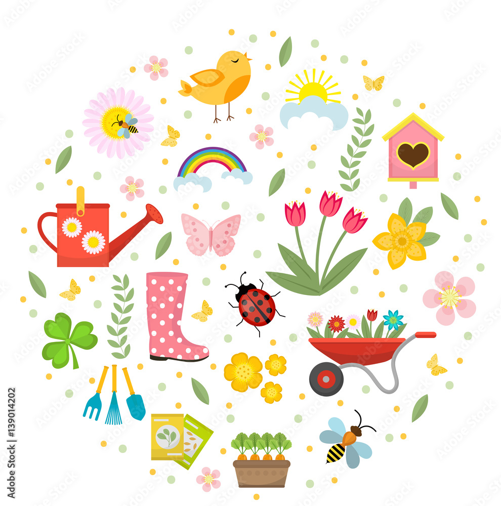 Spring icons set in round shape, flat style. Gardening cute collection ...