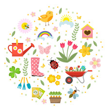 Spring Icons Set In Round Shape, Flat Style. Gardening Cute Collection Of Design Elements, Isolated On White Background. Nature Clip Art. Vector Illustration