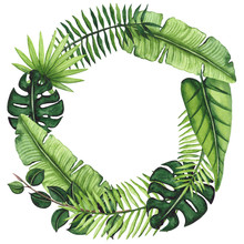 Exotic Wreath With Bright Watercolor Tropical Leaves