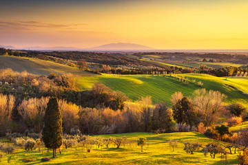 Maremma countryside, sunrise landscape. Elba island on horizon. Tuscany, Italy.