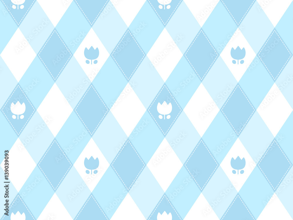 チューリップと斜めギンガムチェック風柄のかわいいシームレスパターン