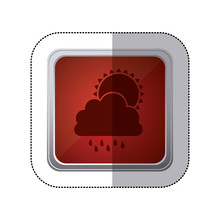 Sticker Red Square Button With Silhouette Cloud With Rain And Sun Vector Illustration