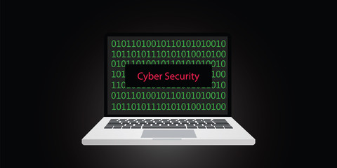 Wall Mural - cyber security illustration with laptop and binary code on screen and cybersecurity text on top of t
