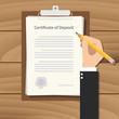 certificate of deposit illustration concept with hand business man signing a paperwork document on top of the table
