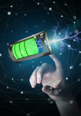 Poster - Woman touching 3D render battery with lightning with her finger