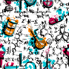 Wall Mural - Vintage seamless pattern old chemistry laboratory with tubes and formulas. Hand drawn vector illustration in watercolor style