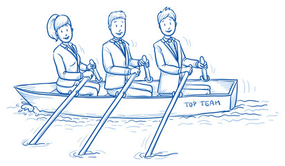 Wall Mural - Happy business team, men and women, rowing a boat together, concept of good teamwork. Hand drawn line art cartoon vector illustration.