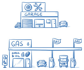 Wall Mural - Set of garage, car repair shop and gas station, service station. Hand drawn cartoon vector illustration.