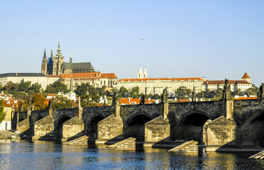 Wall Mural - Prague, city view, hill Hradschin, river Moldova, Carls bridge,