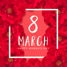 The International Happy Women's Day On 8 March, Symbol Rose Flowers Pink, Floral Greeting Card.
