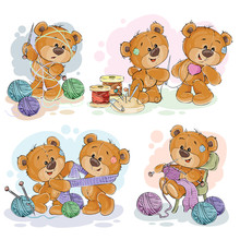Set Of Vector Clip Art Illustrations Of Teddy Bears And Their Hand Maid Hobby