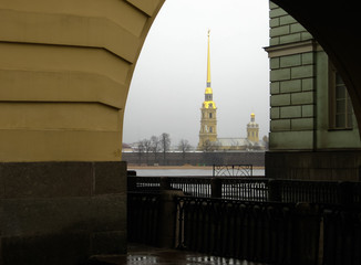 Wall Mural - background, sky, cathedral, petersburg, peter, paul, river, blue, russia, neva, view, landmark, travel, city, dark, rain, saint, white, landscape, st, fortress, architecture, building, gold, tourism, 