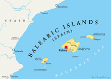Balearic Islands Political Map With Capital Palma. Archipelago Of Spain In Mediterranean Sea Near Iberian Peninsula Coast. Majorca, Minorca, Ibiza, Formentera. Lllustration. English Labeling. Vector
