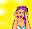Vector pop art illustration of a young sexy girl does not believe her eyes when she saw the prices, discounts.