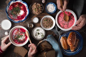 Dinner in traditional Russian style top view