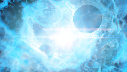 Wall Mural - two planets orbiting a bright star in a beautiful vibrant blue nebula