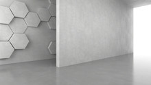 Blank Concrete Wall With Hexagons Pattern Background With Bright Light From Entrance. 3D Rendering.
