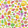 Vector pattern of colored hand drawn fruit icons. Doodle set of different cut fruits and berries. Healthy food. Exotic fruits. Collection of fruits and berries