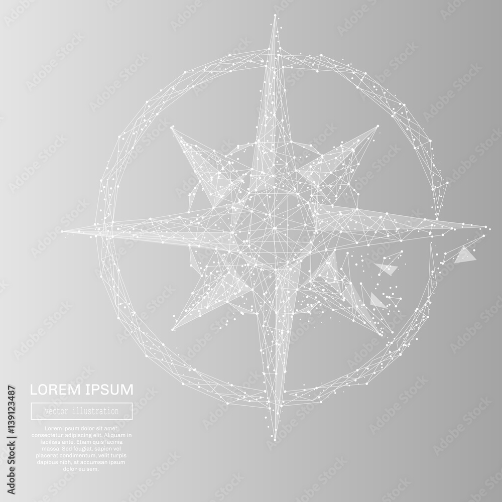 White abstract compass rose polygonal, geometry triangle. Light ...
