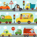 seamless pattern transports with animals in city  - vector illustration, eps
