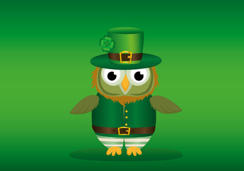 Wall Mural - Owl with a beard  in traditional green suit on the day of Patrick. Greeting card 