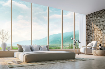 Modern bedroom with mountain view 3d rendering Image.Decorate wall with nature stone. There are large window overlooking the surrounding nature and mountains