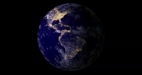 Wall Mural - blue planet earth from space showing America and Africa at night with sparkle glitter city lights, USA, globe world isolated on black background, some elements of this image furnished by NASA