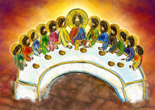Last Supper Of Jesus Christ With Twelve Apostles On Holy Or Maundy Thursday. Abstract Artistic Digital Textured Illustration.