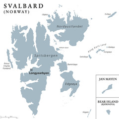 svalbard, bear island and jan mayen political map. norwegian archipelagos and island in the arctic o