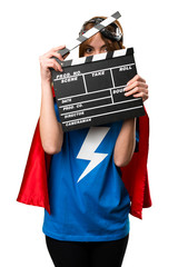 Wall Mural - Pretty superhero girl holding a clapperboard