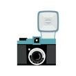 Blue and black analog film camera icon. Flat vector illustration. Front view.