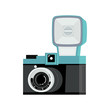 Blue and black analog film camera with flash. Flat vector illustration. Side view.