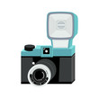 Blue and black analog film camera with big flash. Flat vector illustration. Isometric perspective.