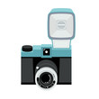 Blue and black analog plastic camera with flash. Flat vector illustration. Top view.