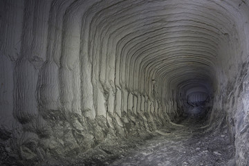  Abandoned chalk mine tunnel with traces of drilling machine, Belgorod, Russia
