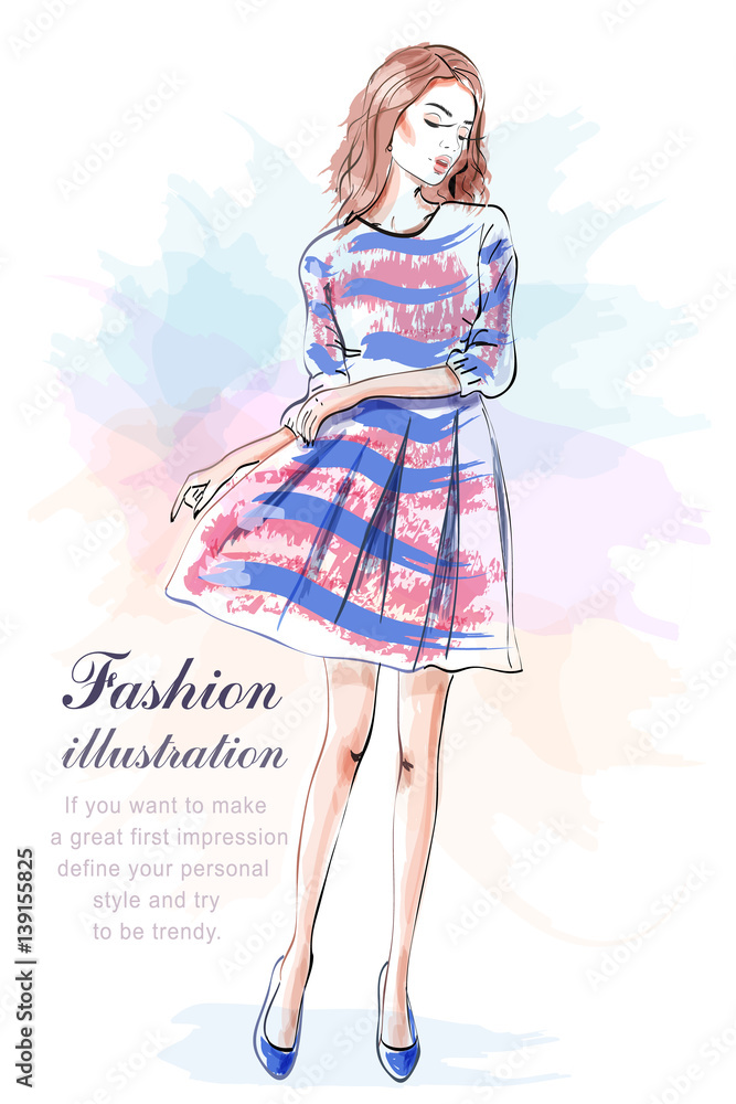 Cute stylish young girl in dress. Hand drawn beautiful woman in fashion clothes. Sketch. Vector illustration. Stock Vector | Adobe Stock Cute stylish young girl in dress. Hand drawn beautiful woman in fashion clothes. Sketch. Vector illustration. Stock Vector | Adobe Stock